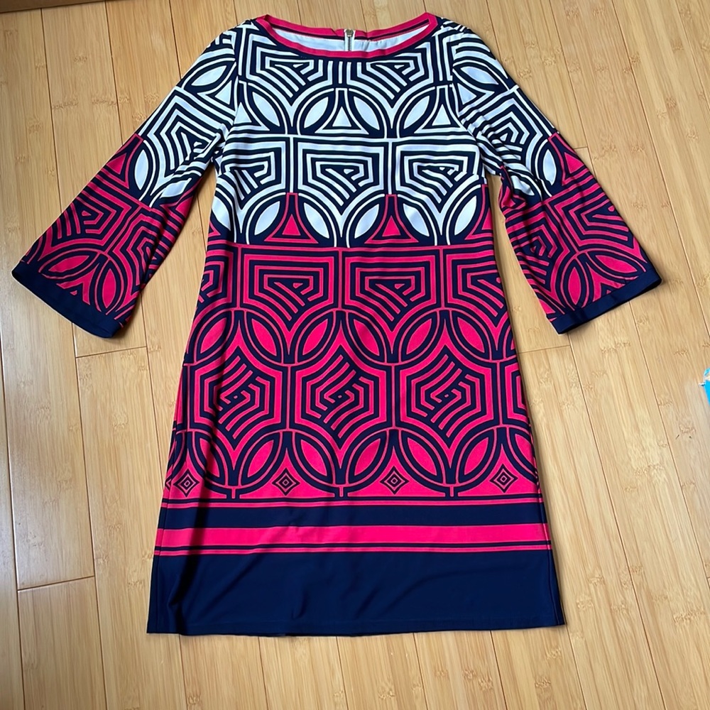 Eliza J geometric design business dress, bell sleeves, fully lined